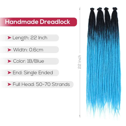 Vista 4 de Kraler Extensiones de Rastas Azules, Extensiones de Rastas Sintéticas de Ganchillo de 22", 100% Hechas a Mano, Rastas de Una Sola Punta, Delgadas
