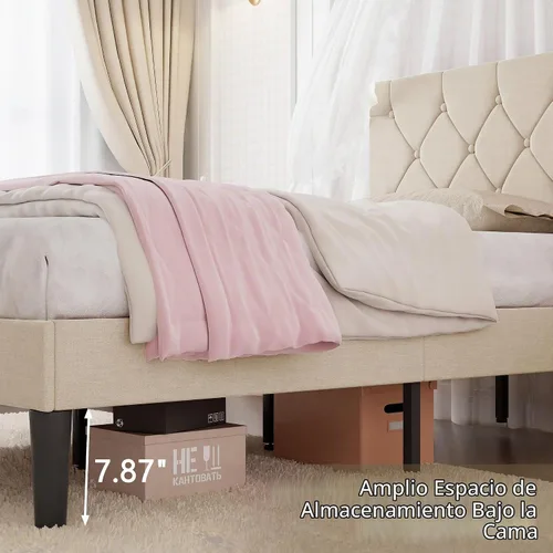 Vista 6 de VECELO Twin Bed Frame with Upholstered Tufted Headboard, Beige
