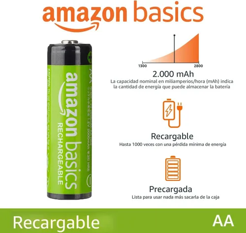 Vista 2 de Amazon Basics Paquete de 8 baterías recargables AA NiMH, 2000 mAh, 1.2 V, recarga hasta 1000 veces, precargadas
