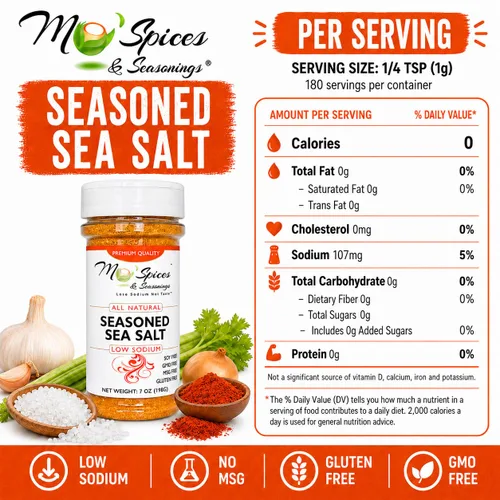 Vista 2 de Mo'Spices & Seasonings - Sal marina sazonada, baja en sodio, multiusos - Botella de 8 onzas
