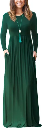 Vista 8 de GRECERELLE Vestido largo de manga larga para mujer, casual, cuello redondo, holgado, sólido floral, maxi largo con bolsillos, S-3XL A-Negro