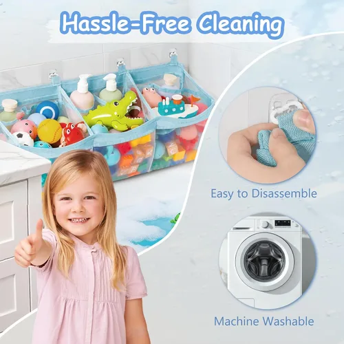Vista 8 de Extra Large Bath Toy Organizer with 3 Compartments and Multiple Pockets, Quick-Dry Mesh Bathtub Storage for Kids' Toys (Blue)