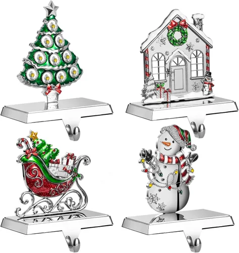 Vista 10 de GUOER Juego de 4 Soportes para Calcetines Navideños de Copo de Nieve para Repisa de Chimenea, Decoraciones Navideñas para Repisa de Chimenea
