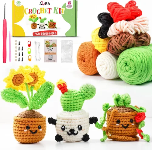 Vista 10 de Kit de ganchillo para aprender A-URA para principiantes niños y adultos, kits de ganchillo premium de 3 patrones de animales de gran