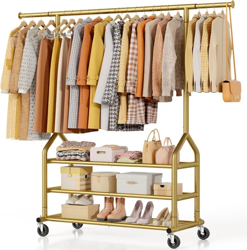 Vista 16 de EAGMAK Perchero de ropa resistente con capacidad de carga de 192 kg, perchero enrollable con estantes, colgador de ropa ajustable de metal