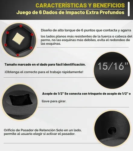 Vista 4 de Juego de dados de impacto de longitud extendida de 1/2 pulgada, juego de 6 piezas de llaves de impacto extra profundas, tamaño hexagonal de 3/4
