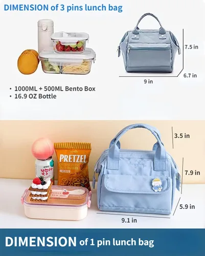 Vista 2 de RICHTRUE Lonchera Kawaii para Niñas, Bolsa de Almuerzo Aislada, Lindas Bolsas de Almuerzo para Mujeres, Lonchera Aislada para Niños (Azul-3 pines)