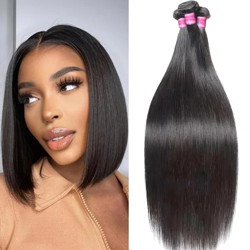 Vista 10 de Paquetes Bob Liso 3 Paquetes de Cabello Humano Corto 10, 10 y 10 Pulgadas, 100% Cabello Crudo Sin Procesar, Tejido Rápido, Color Negro Natural