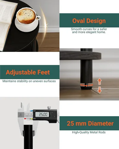 Vista 3 de Mesa auxiliar redonda pequeña, mesa decorativa ovalada de 3 niveles para espacios pequeños, mesita de noche de madera rústica y metal para sala