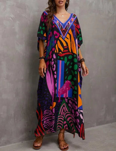 Vista 3 de Bsubseach Vestido largo de playa con estampado de caftanes para mujer, vestido largo de playa, G-Puntos coloridos