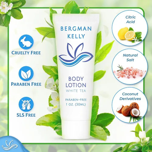 Vista 2 de BERGMAN KELLY - Loción de tamaño de viaje - 1 fl oz, 50 unidades, té blanco - Deleita a tus invitados con una loción corporal vigorizante