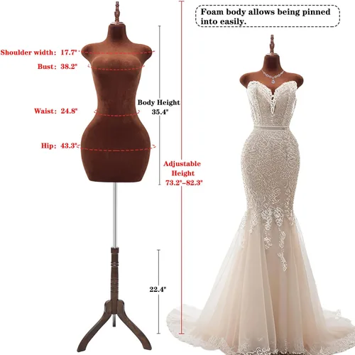 Vista 3 de Torso de maniquí femenino con curvas ajustables con soporte, forma de vestido pinable para ropa (marrón, terciopelo)