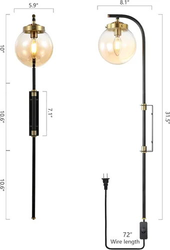 Vista 5 de ELEHINSER Juego de 2 apliques de pared negros con pantalla de globo, modernas lámparas de pared para interiores con enchufe con interruptor, luz