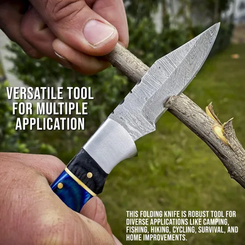 Vista 8 de AR Damascus - Cuchillo plegable de bolsillo hecho a mano para supervivencia al aire libre, hecho de mango de madera y acero de Damasco, junto