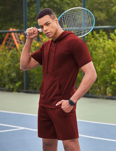 Vista 2 de COOFANDY Conjunto deportivo de 2 piezas con capucha para hombre, manga corta, casual, deportivo, con capucha y pantalones cortos
