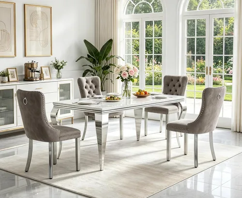 Vista 14 de Juego de 5 mesas de comedor de mármol sintético para 4 mesas de cocina de lujo de 68 pulgadas de oro blanco con 4 sillas tapizadas de terciopelo