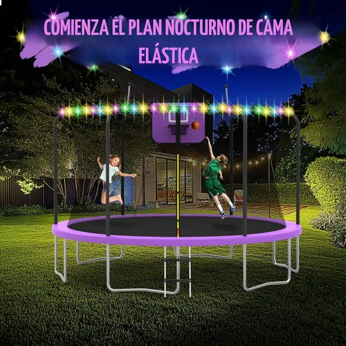 Vista 6 de 8FT 10FT 12FT 14FT Outdoor Trampoline with Basketball Hoop and LED Lights, ASTM Approved Recreational Trampolines for Kids and Adults with Net and