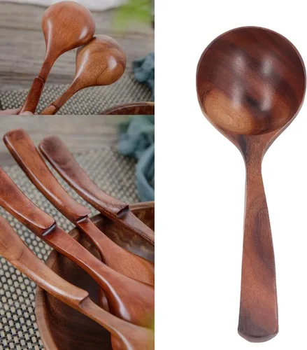 Vista 3 de Cuchara de madera con mango largo, cuchara de teca de madera para servir profunda, gachas de avena para cocinar cocina, acabado suave, textura