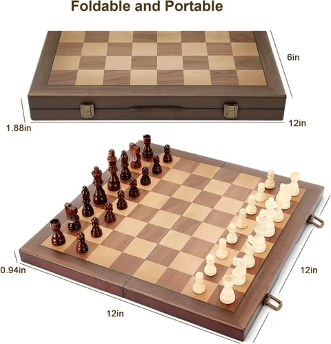 Vista 4 de Juego de ajedrez de madera magnética para adultos y niños, tablero de ajedrez de 12" con piezas hechas a mano, juego de ajedrez plegable y portátil
