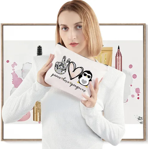 Vista 4 de LEVLO Pingüinos divertidos cosméticos maquillaje bolsa de regalo amante de los animales paz amor pingüinos maquillaje cremallera bolsa de pingüinos