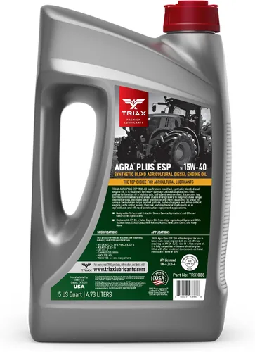 Vista 2 de TRIAX Agra Plus ESP 15W-40 CK-4 Syn-Blend - Aceite de motor diésel para equipos agrícolas y todoterreno, con licencia API Fo