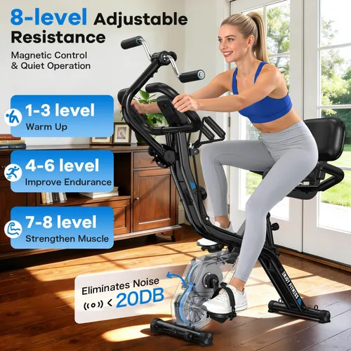 Vista 5 de pooboo - Bicicleta de ejercicio plegable, bicicleta estática vertical plegable, bicicleta magnética para interiores X-Bike con resistencia ajustable