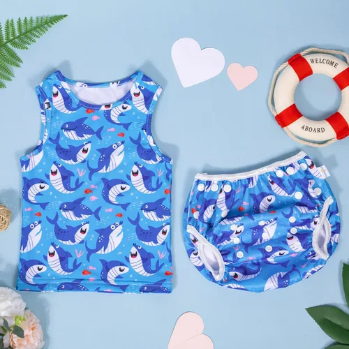 Vista 6 de babygoal Trajes de baño para bebé con pañal de natación de 2 piezas, tankini para niños y niñas de 12 a 36 meses para clases de natación, tiburón