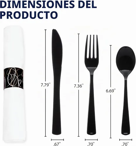 Vista 3 de Party Essentials Juego de cubiertos preenrollados desechables para fiestas, juego de cubiertos de plástico envuelto con servilleta, cucharas