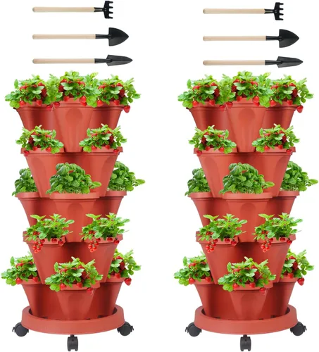 Vista 10 de GameXcel Torre de maceta vertical, macetas apilables de 3 niveles con ruedas y herramientas de jardín, macetas para plantas de fresa, hierbas