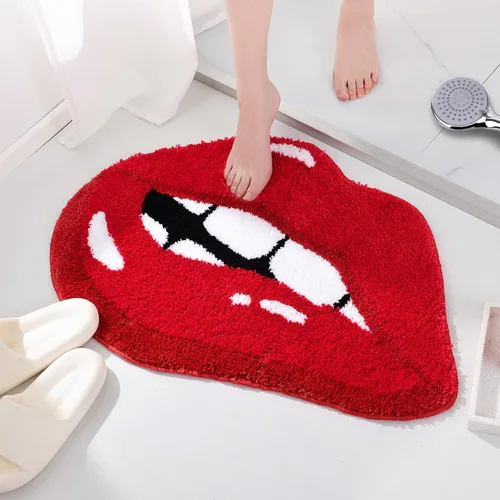 Vista 4 de Panstar Alfombra de baño de labios rojos, bonita y divertida alfombra de baño con forma de labios mordedores, antideslizante, absorbente, alfombra
