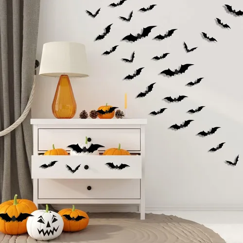 Vista 6 de 72 piezas de decoración de murciélagos 3D de Halloween, calcomanías de pared de murciélagos de pared aterradores, calcomanías de pared de 4 tamaños