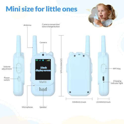 Vista 2 de Mafiti Juguetes para niños y niñas de 3, 4, 5, 6, 7, 8 años, mini video walkie talkies para niños, paquete de 2 unidades, recargable, rango de 1000