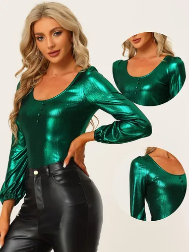 Vista 2 de Allegra K Blusa metálica para mujer, brillante, para fiesta de discoteca, manga de obispo, con purpurina