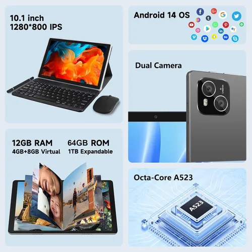 Vista 2 de Tableta, tableta Android con 12 GB de RAM 64 GB de ROM, tabletas con procesador Octa-Core con teclado, mouse, pantalla táctil de 10.1 pulgadas 1280