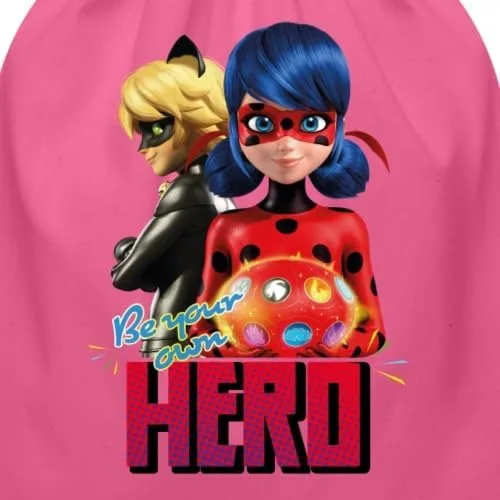 Vista 2 de Spreadshirt Miraculous Merchandise Be Your Own Hero Ladybug Cat Noir Bolsa de algodón con cordón, Rosado, talla única