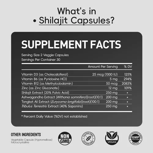 Vista 4 de UniHealth® Shilajit del Himalaya para hombres y mujeres – Tongkat Ali, Ashwagandha, ácido fúlvico, zinc, B6, B12, D3 para hombres – Suplemento puro
