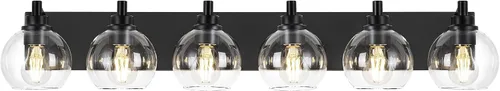 Vista 23 de Accesorios de iluminación de baño, luz de tocador mate negra de 2 luces, apliques de pared modernos con pantalla de globo de vidrio transparente