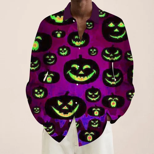 Vista 3 de WYUTX Camisas Henley para hombre, manga larga, grandes y altas, camisas de vestir casuales para hombres, divertidas camisas de Halloween