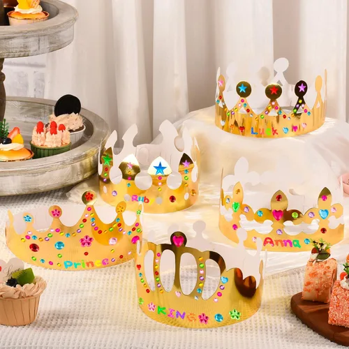Vista 2 de Coronas de papel doradas, coronas de rey de cumpleaños de bricolaje para decorar, coronas de papel de príncipe y princesa para la clase escolar