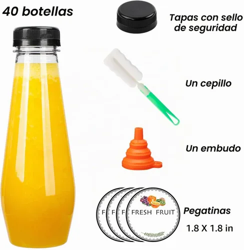 Vista 3 de Moretoes 40 botellas de jugo de 12 onzas, botellas de plástico vacías con tapas, contenedores reutilizables para bebidas a granel transparentes