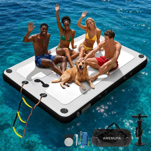 Vista 16 de AWEMUFA Muelle flotante inflable con rampa de 5 pies/6 pies/8 pies/10 pies, plataforma flotante flotante, tapete flotante de isla flotante, flotador