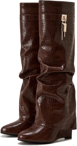 Vista 20 de Botas plegables puntiagudas con tacón de cuña para mujer, botas hasta la rodilla con diseño de candado y cremallera lateral Beige