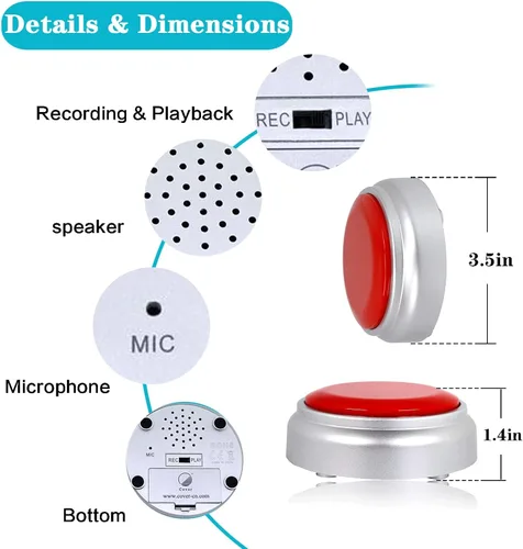 Vista 5 de Botón grabable, botón de grabación parlante, botón fácil de grabar por voz 30S, botón de efecto de sonido con reproducción (rojo y plateado)