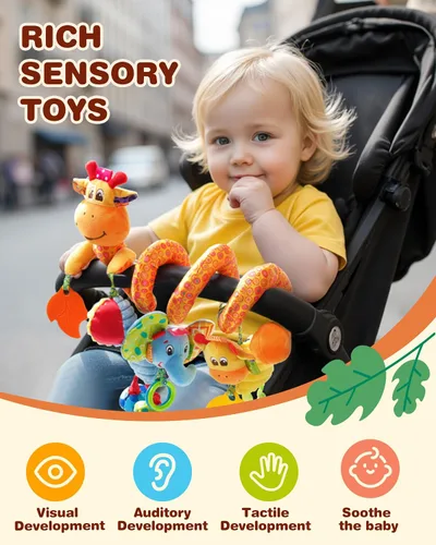 Vista 2 de Juguetes Jollybaby para cuna, cochecito y asiento de auto para bebé de 0-3-6-9-12 meses, juguetes sensoriales colgantes para tiempo boca abajo