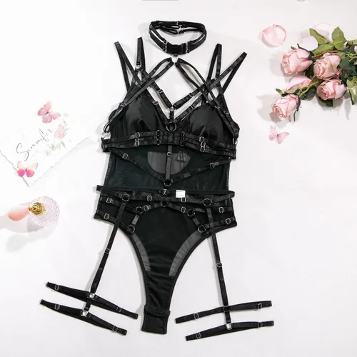 Vista 5 de Conjunto de lencería gótica con tiras para mujer, conjunto de gargantilla de malla, babydoll con liguero