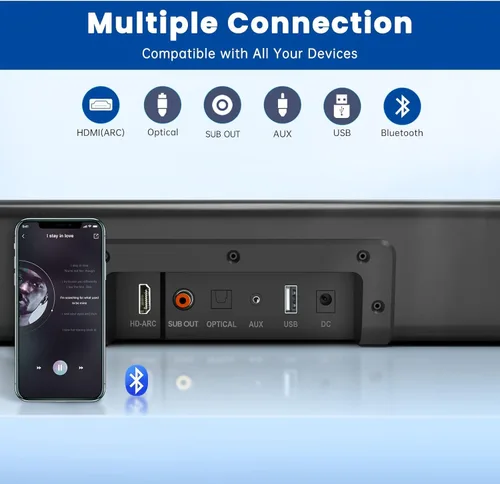 Vista 10 de Barra de sonido, BESTISAN Barra de sonido de 50 vatios con HDMI, óptico, AUX, USB, salida de subgraves y conexión Bluetooth, DSP, bajo ajustable, 16