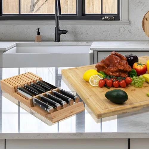 Vista 6 de Utoplike Organizador de cajón para cuchillos Bloque de cuchillos de bambú para cocina, Soporte para bistecs de mango grande, Apto para 9 cuchillos