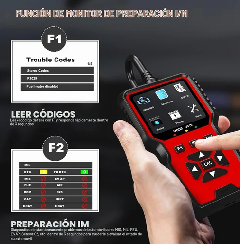 Vista 4 de V519 OBD2 Herramienta de diagnóstico escáner – Vechicle Check Motor Lector de código de luz con probador de voltaje de batería, preparación I/M Rojo