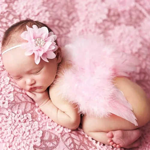 Vista 5 de Ala de ángel para recién nacido, ala de plumas de bebé con diadema de flores, traje de fiesta infantil para accesorios de fotos, unisex