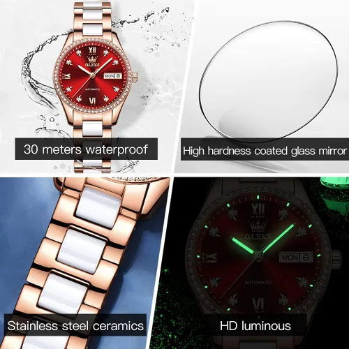 Vista 6 de OLEVS Relojes de oro rosa para mujer correa de acero inoxidable de cerámica reloj mecánico automático calendario de puntero luminoso impermeable